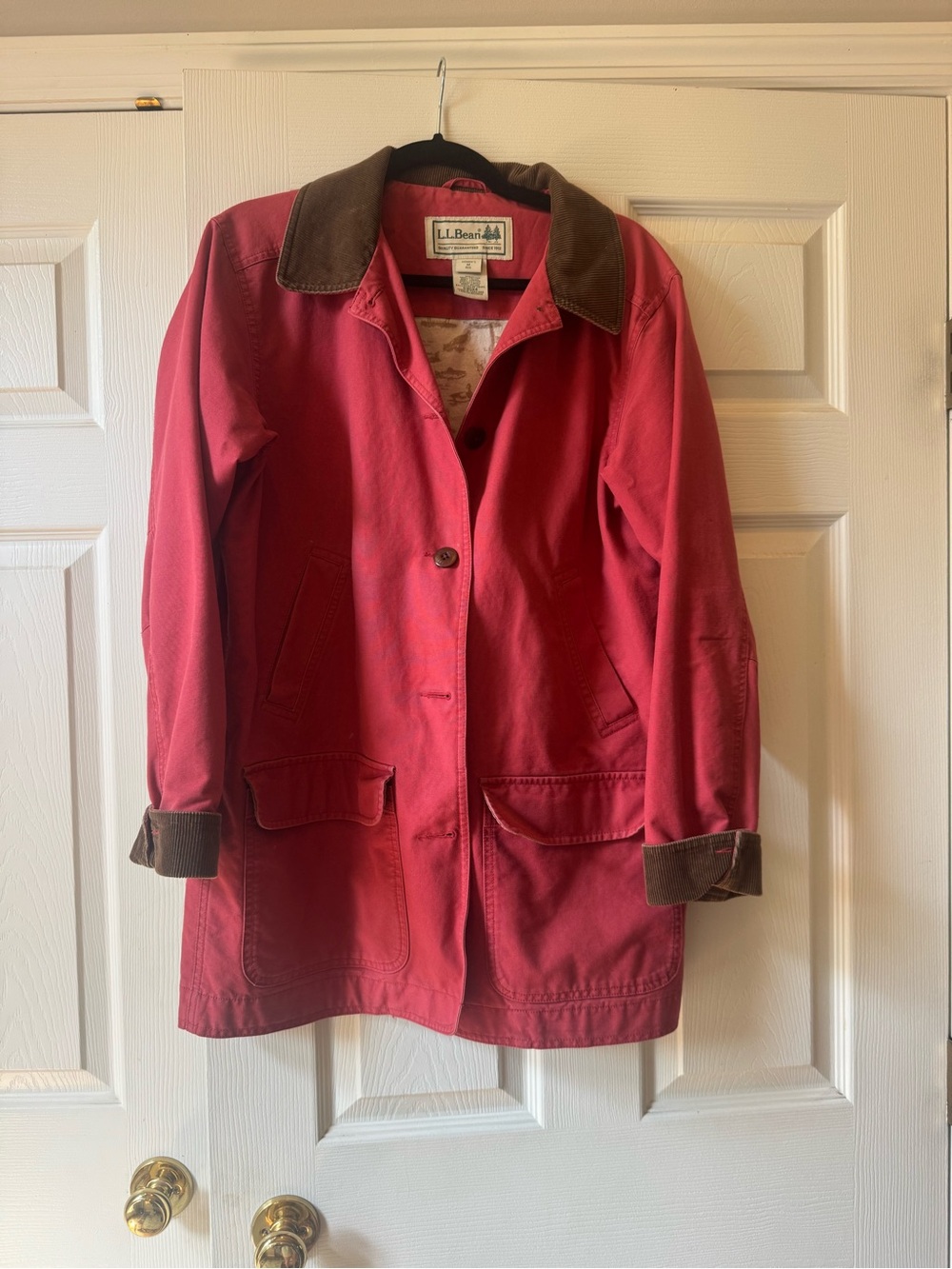 L.L. Bean Women's Red Barn Coat with Brown Corduroy Collar Y2K